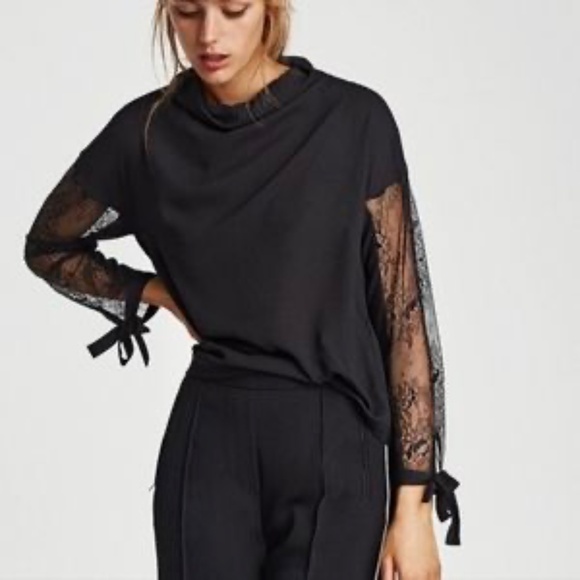 ZARA Black Lace Sleeve Blouse with Tie Cuffs – Women’s Size XS - Picture 4 of 4
